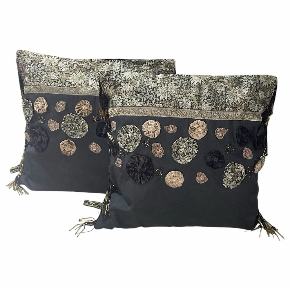 2 Borgata Decorative Silk Pillows Beaded Fringe Floral Square Brown Gold 15”